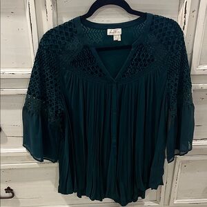 Meadow Rue Lush Green Lace & Velvet Detail Blouse sz L